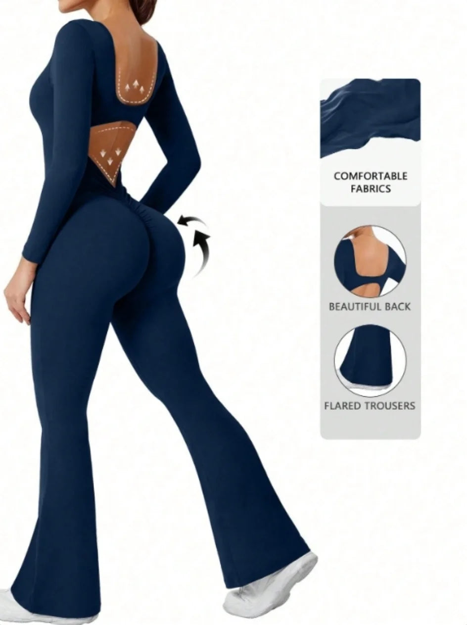 ALMASTRONG women's long sleeve compression jumpsuit with bell bottom pants, ideal for yoga, exercise, and active sportswear.