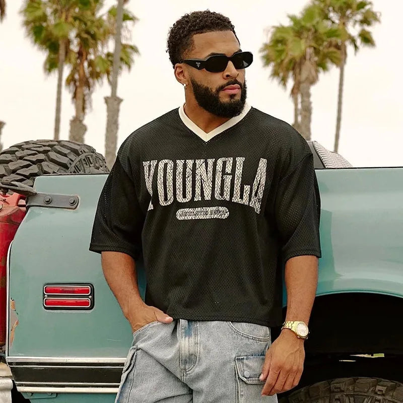 ALMASTRONG Men’s Oversized Mesh T-Shirt – Quick-Dry Sports Fitness Top