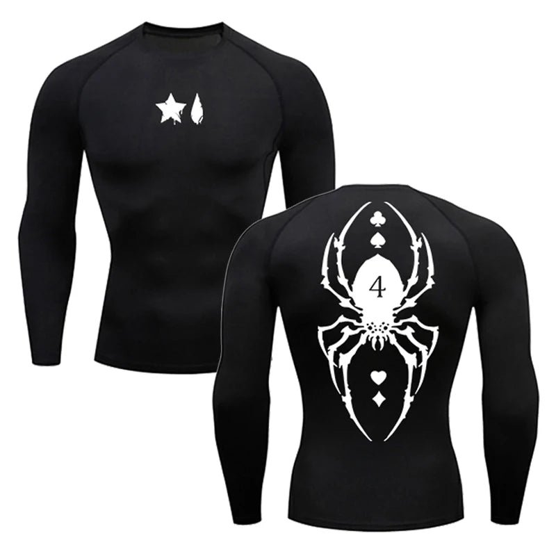 Spider Print Compression Shirt for Men Sporty Quick Dry Long Sleeve