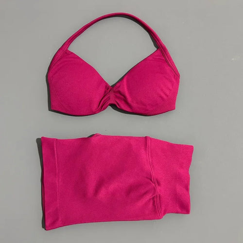 HISTELLO Gym Set 2 Piece Women Strappy Yoga Bra Top Workout Scrunch