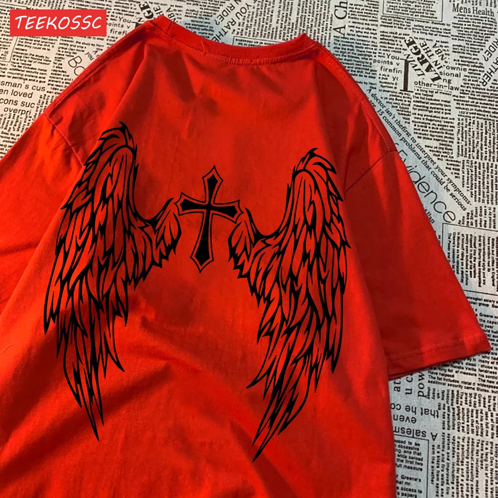 ALMASTRONG Women’s Casual Cotton T-Shirt – Funny Wings Print Oversized Tee