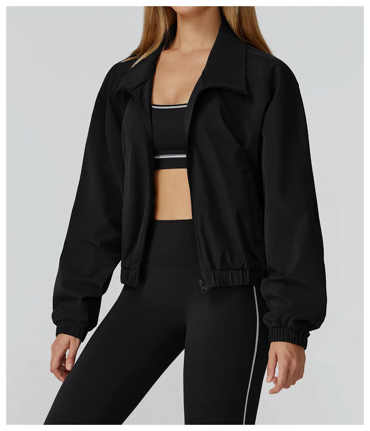 AlmaStrong women's yoga set includes long-sleeve top, leggings, and sports bra for fitness and workout activities.