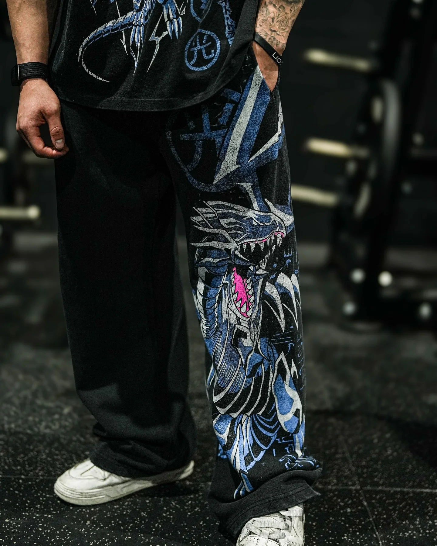 Anime Graphic Sweatpants — Oversized Loose Fit Cotton Streetwear Pants (Blue Dragon / Yugi Design) - ALMASTRONG