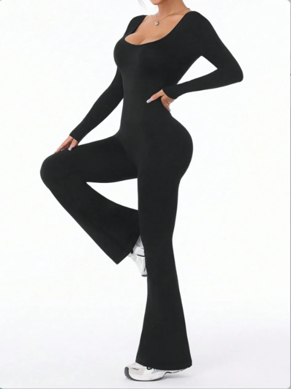 ALMASTRONG women's long-sleeved compression jumpsuit with bell bottom pants, ideal for yoga and exercise, in a solid color.