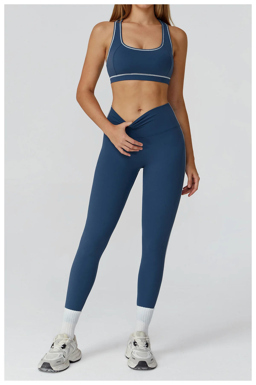 ALMASTRONG women's yoga set with long sleeve top and leggings, ideal for fitness and workout, in sleek, comfortable sportswear.