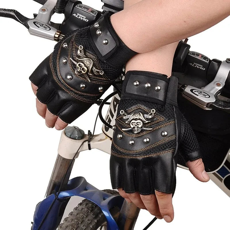 Pirate Captain PU Leather Fingerless Gloves Men Women Skulls Rivet