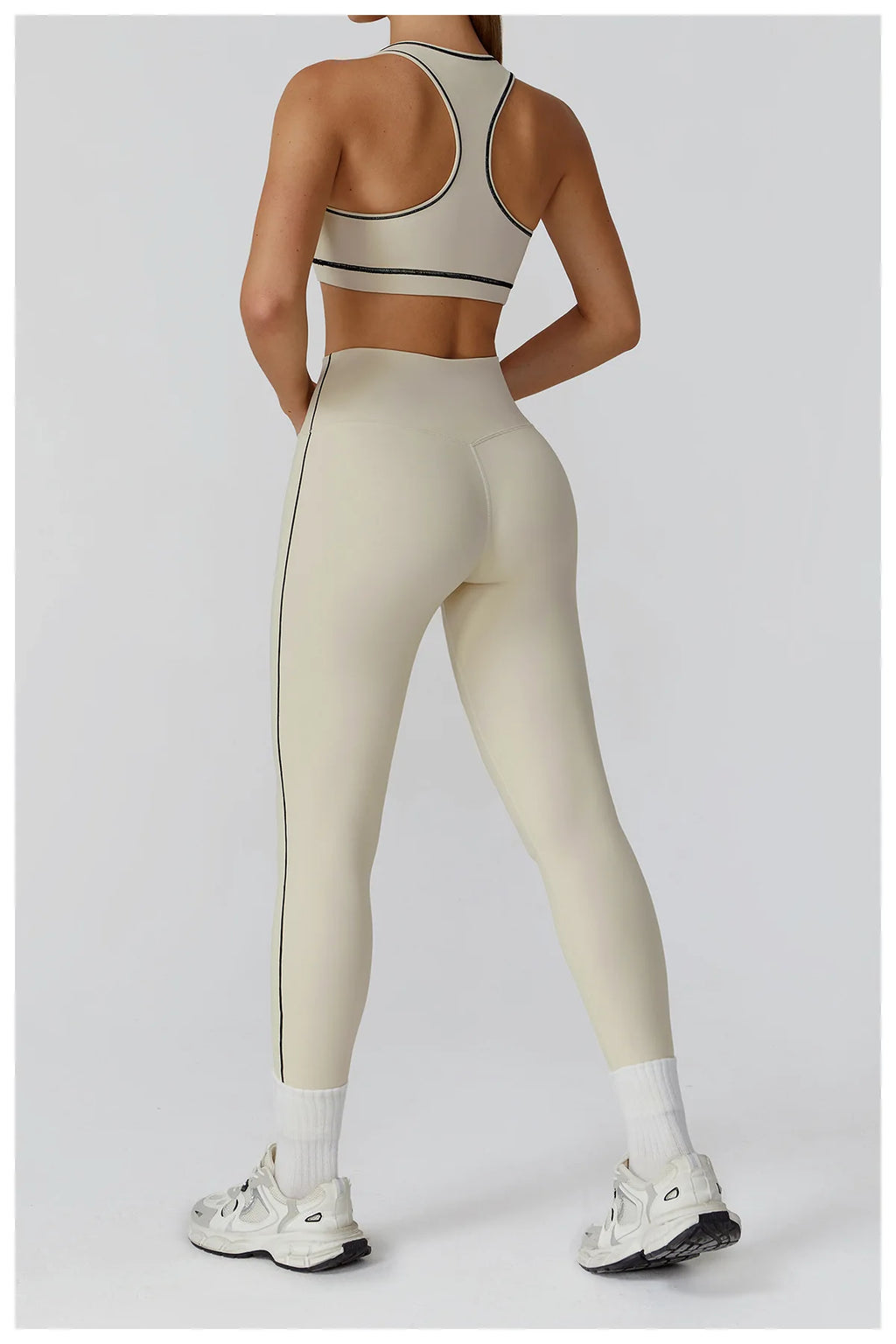 ALMASTRONG women's yoga set with long-sleeved top, leggings, and sports bra for fitness and workout activities