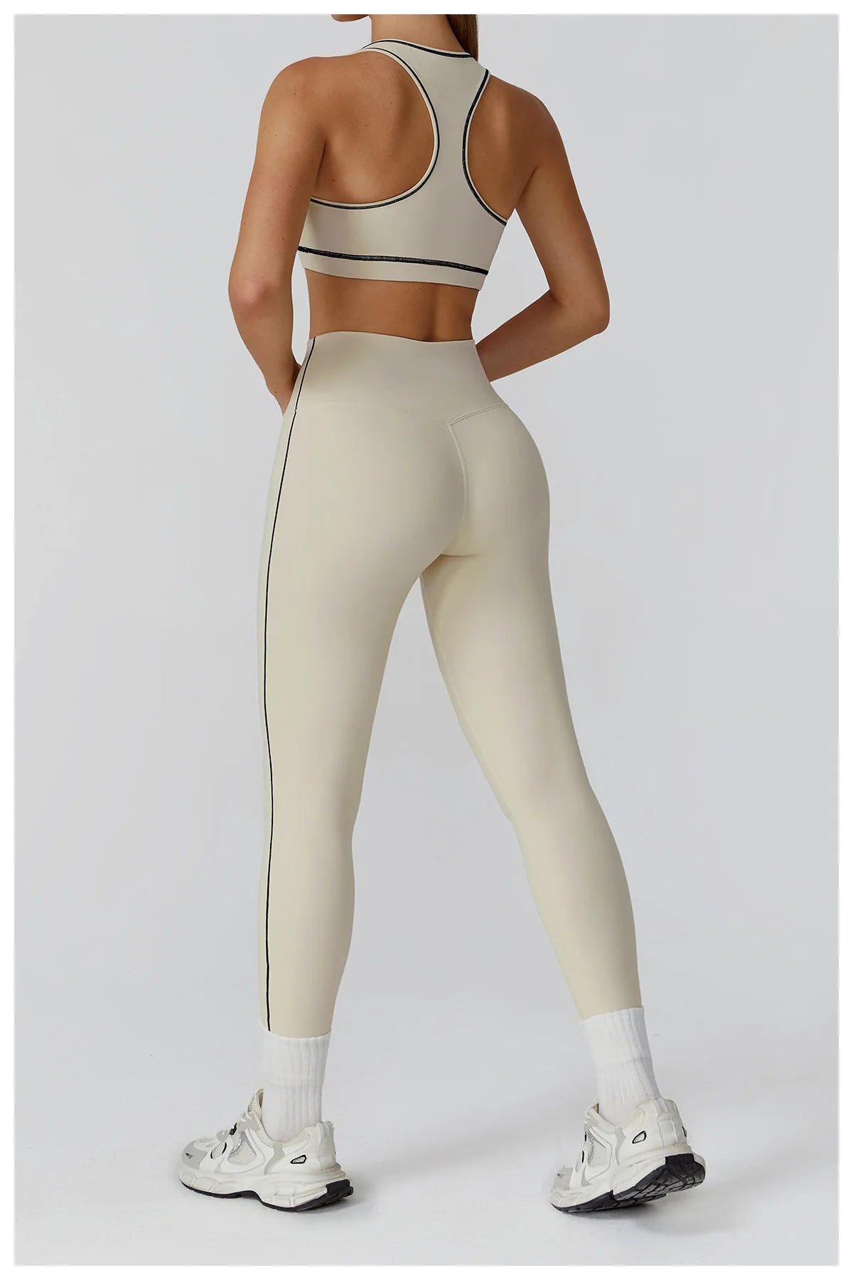 ALMASTRONG women's yoga set with long-sleeved top, leggings, and sports bra for fitness and workout activities