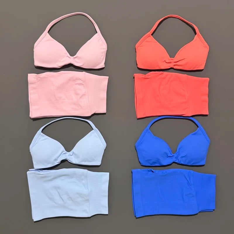 HISTELLO Gym Set 2 Piece Women Strappy Yoga Bra Top Workout Scrunch