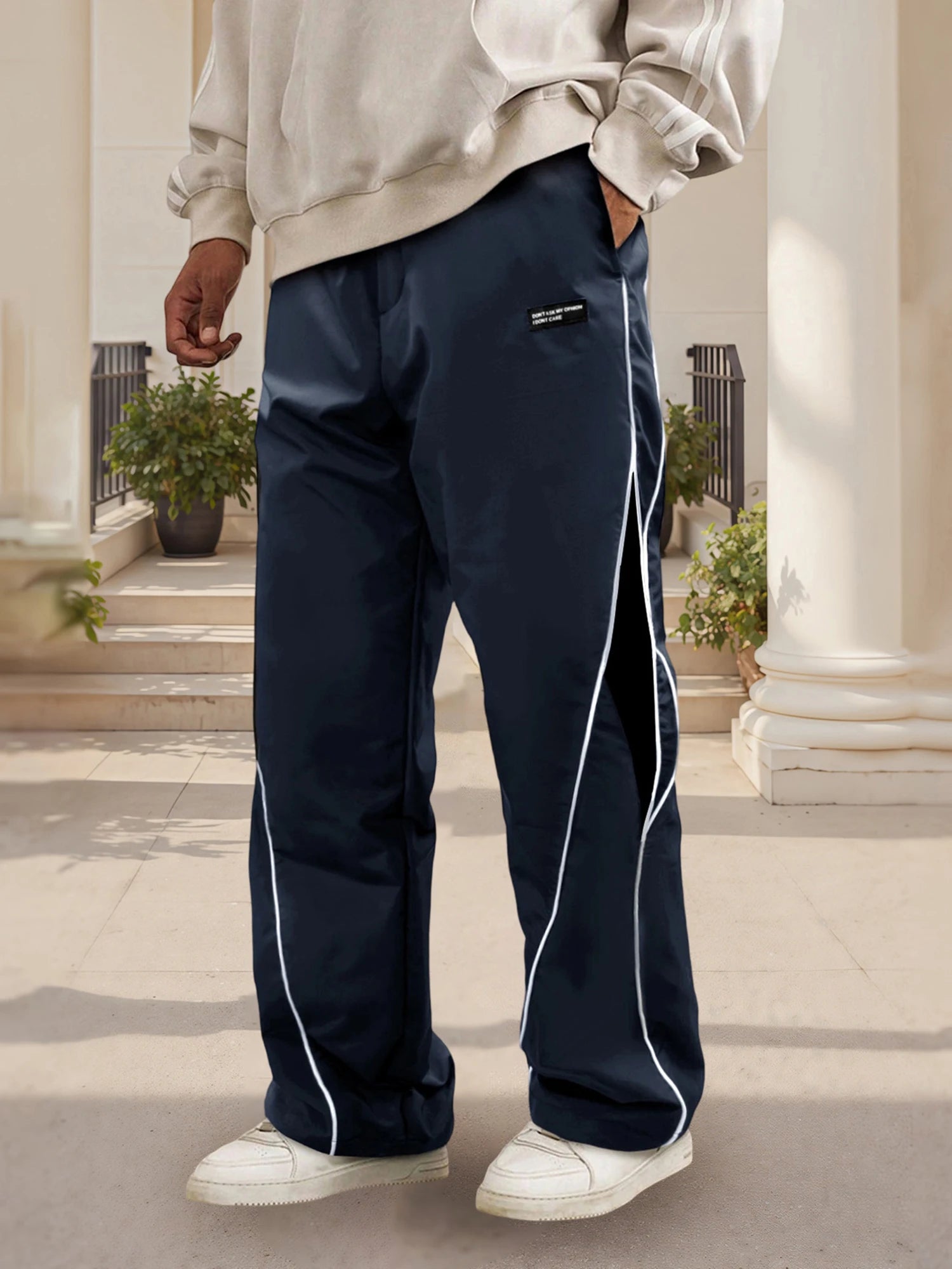 Men's Patchwork Wide Leg Pants Fashionable Casual Contrast Color Loose Sewing Elastic Waist Pants - ALMASTRONG