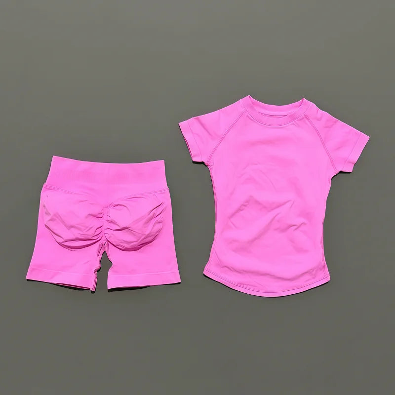 2 Pcs HISTELLO Impact Sports Sets Short Sleeve Seamless Yoga Top Fitness Set Women Workout Running Sports Shorts Gym Suit - ALMASTRONG