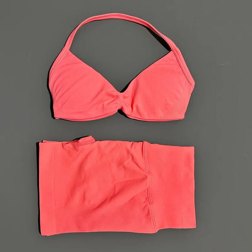 HISTELLO Gym Set 2 Piece Women Strappy Yoga Bra Top Workout Scrunch