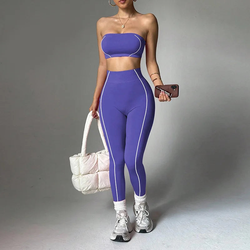 ALMASTRONG women's yoga wear set with color-blocking corset top and peach slim-fit long pants for fitness and activewear.