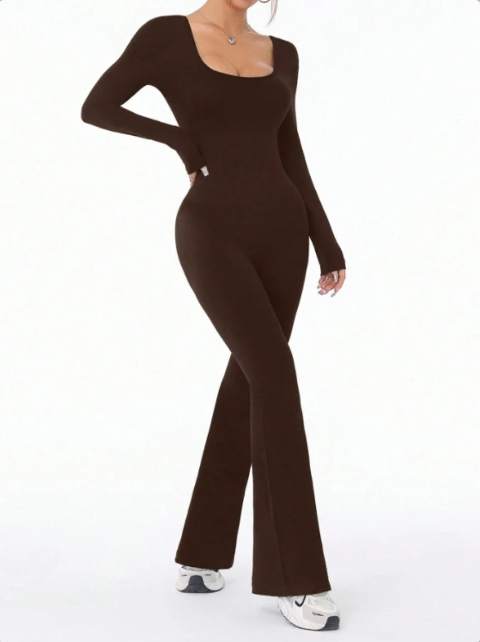 ALMASTRONG women's long sleeve compression jumpsuit with bell bottom pants, ideal for yoga and exercise, in a solid color.
