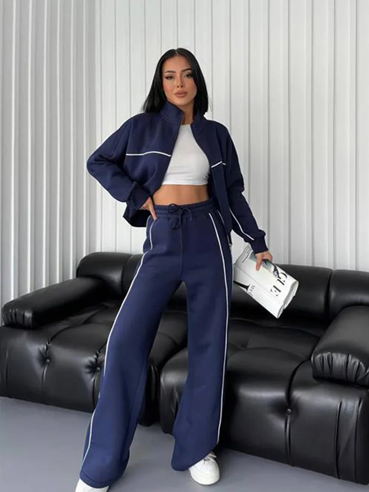 womens clothing 2 pieces set Casual Sports Suits Long Sleeved Half High Collar Cardigan Sweater Trouser Tracksuit Women Clothing - ALMASTRONG