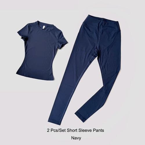 Quick-Drying Gym Leggings Set Sport Suit Short Sleeve Breathable