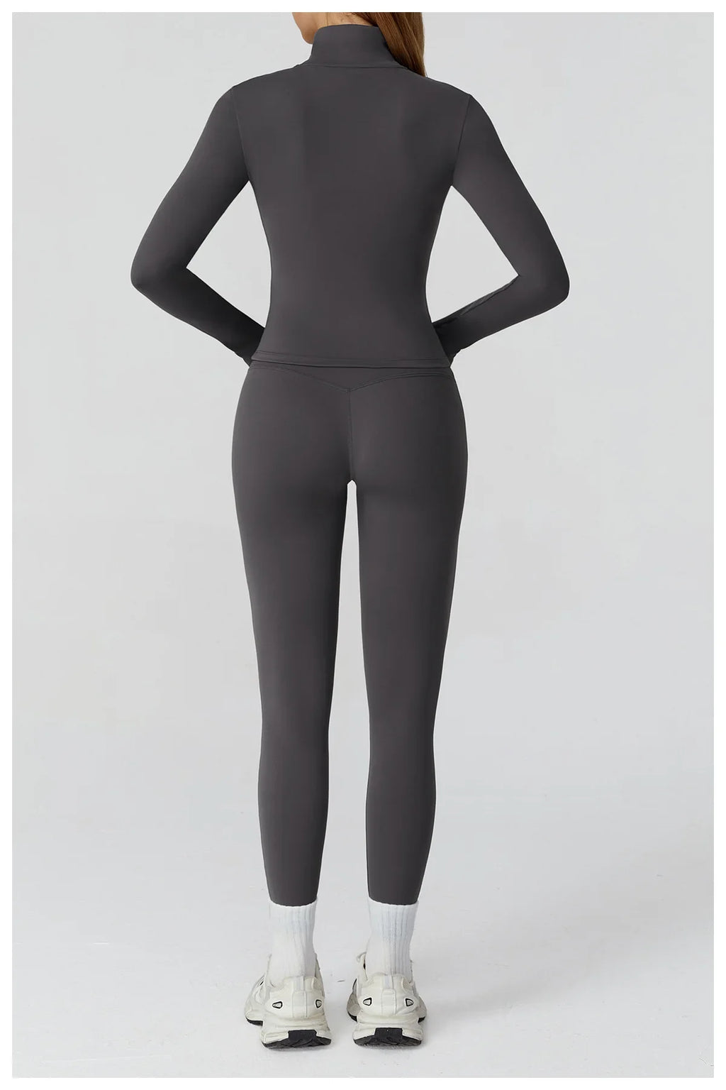 ALMASTRONG women's yoga set with long-sleeved top, leggings, and sports bra for fitness workouts and activewear.