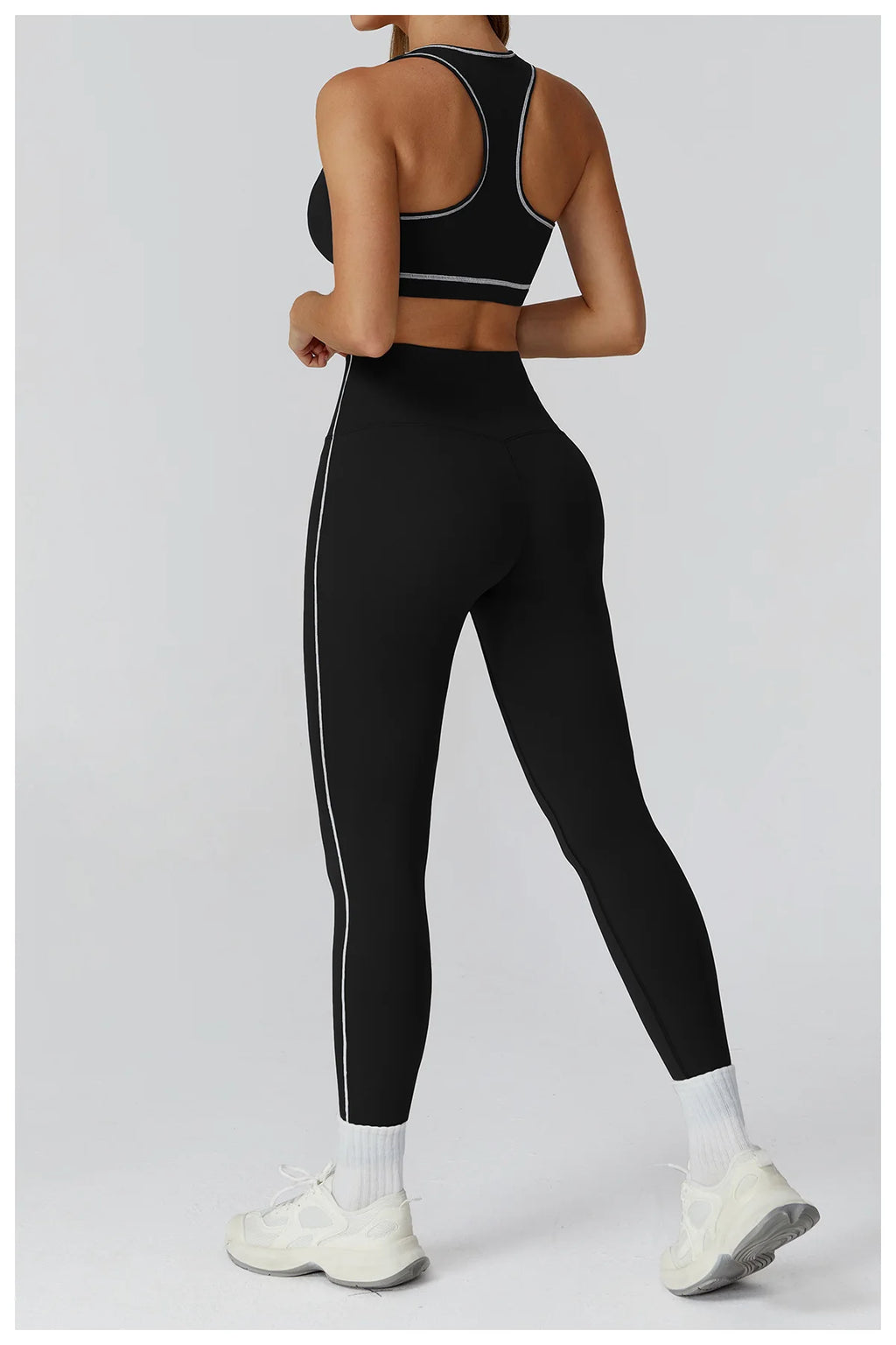 ALMASTRONG women's yoga set with long-sleeve top, leggings, and sports bra for fitness and workout activities.
