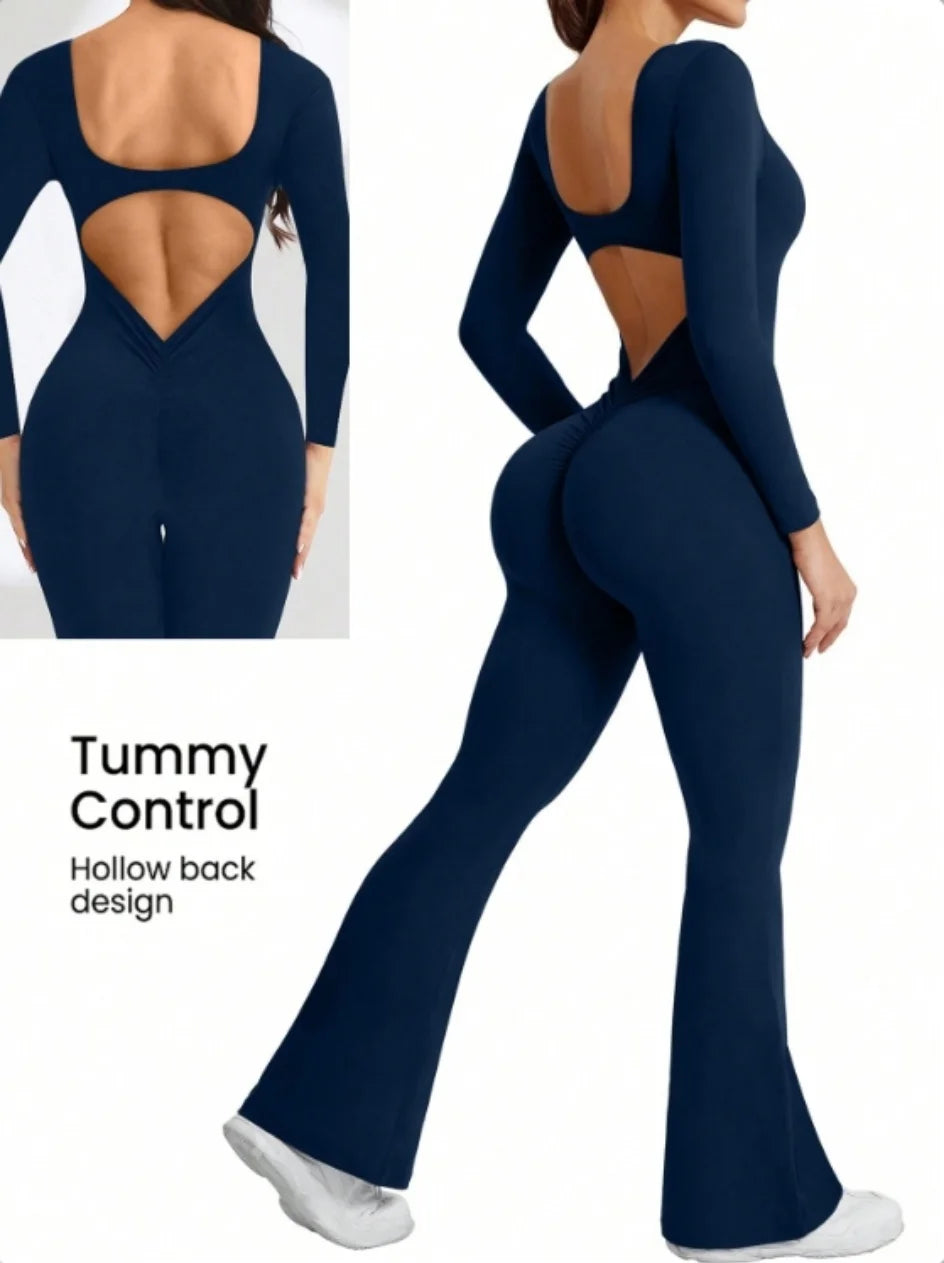 ALMASTRONG women's long sleeve compression jumpsuit with bell bottom pants, ideal for yoga and workout, featuring a sleek solid color design.