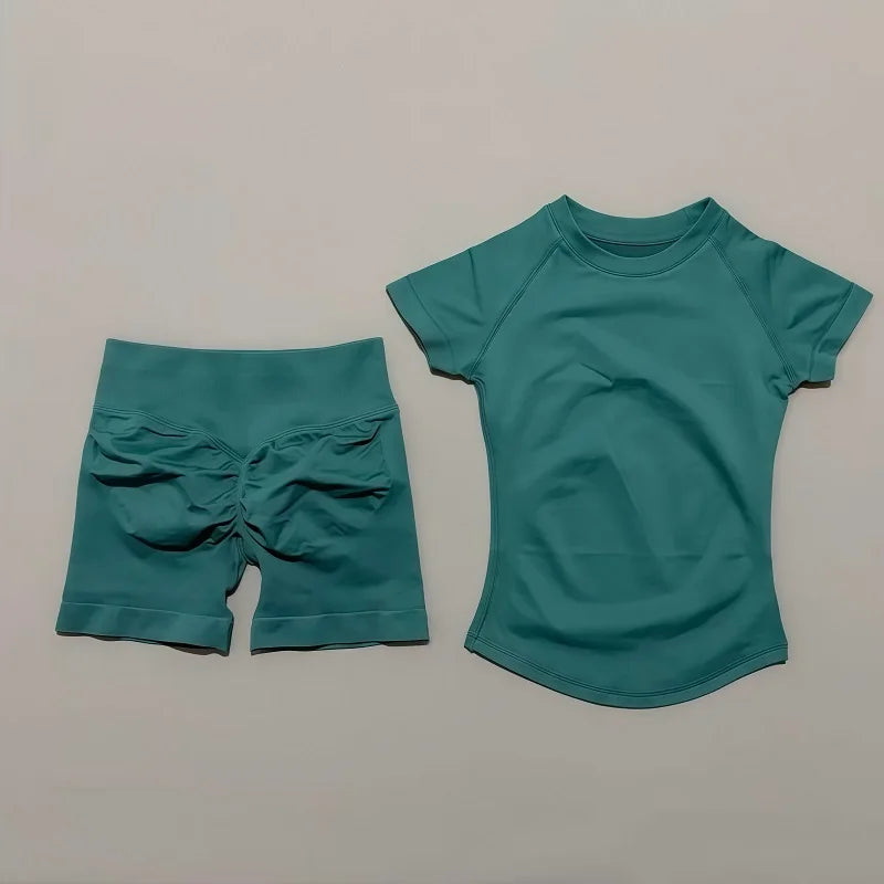 2 Pcs HISTELLO Impact Sports Sets Short Sleeve Seamless Yoga Top Fitness Set Women Workout Running Sports Shorts Gym Suit - ALMASTRONG