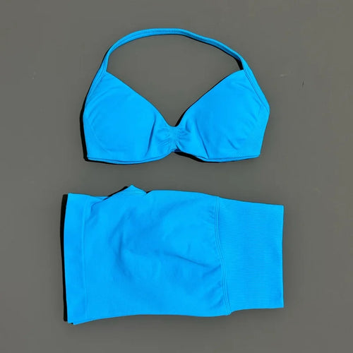 HISTELLO Gym Set 2 Piece Women Strappy Yoga Bra Top Workout Scrunch