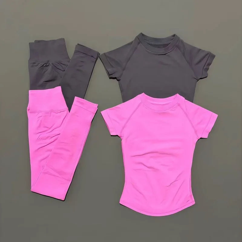 ALMASTRONG women's impact sports set with short sleeve seamless yoga top and leggings, ideal for running and gym workouts