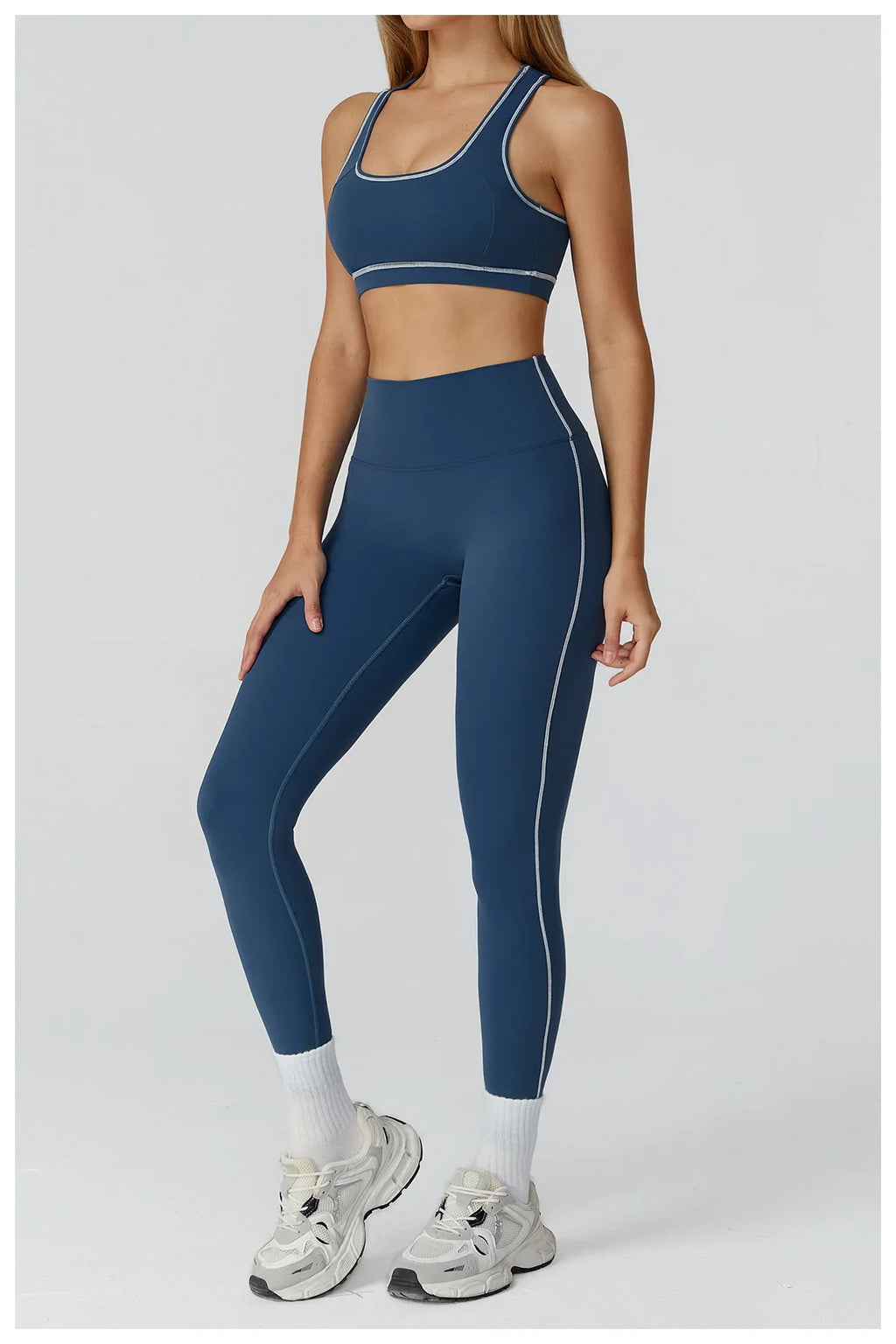 ALMASTRONG women's yoga set with long sleeve top, leggings, and sports bra, ideal for fitness and workout activities.