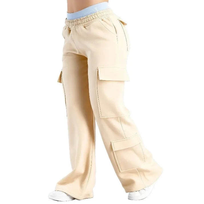 Women’s wide-leg cargo pants by ALMASTRONG featuring high-waist streetwear utility trousers with multiple pockets and relaxed fit.