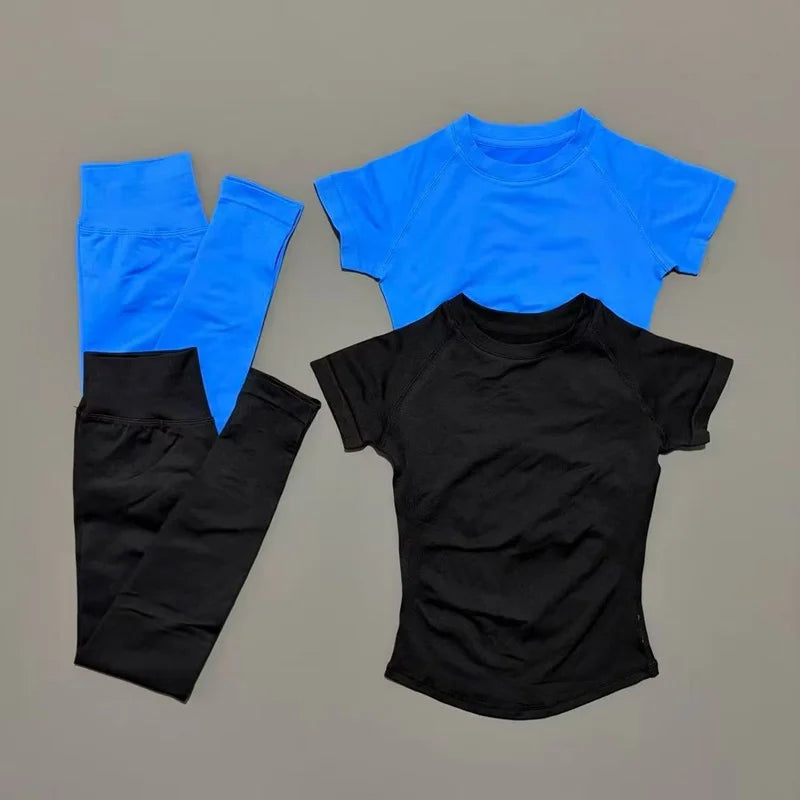 ALMASTRONG women's impact sports set with short sleeve seamless yoga top and matching leggings for workout and running.