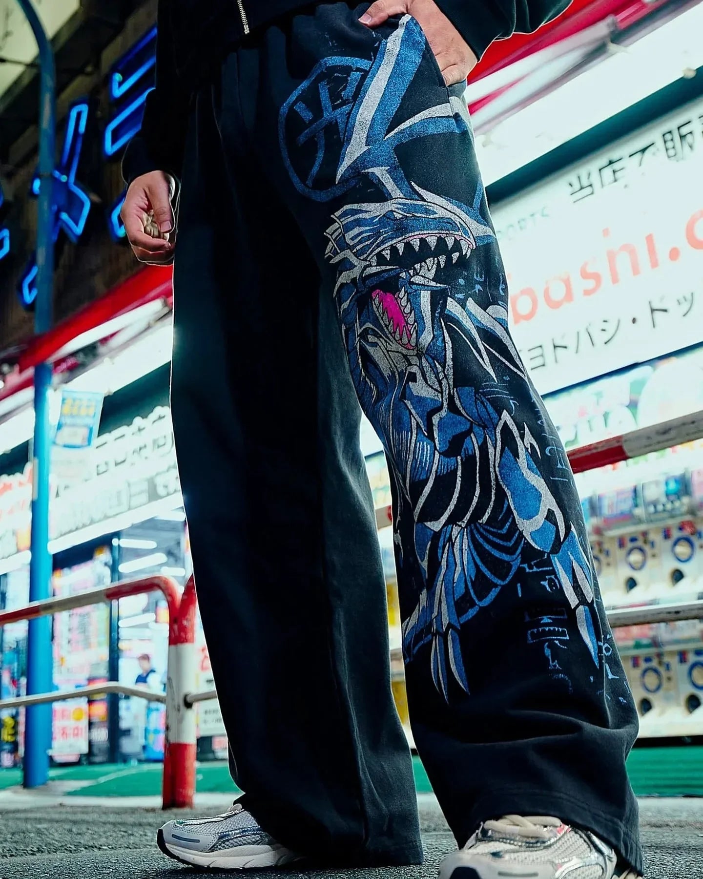 Anime Graphic Sweatpants — Oversized Loose Fit Cotton Streetwear Pants (Blue Dragon / Yugi Design) - ALMASTRONG