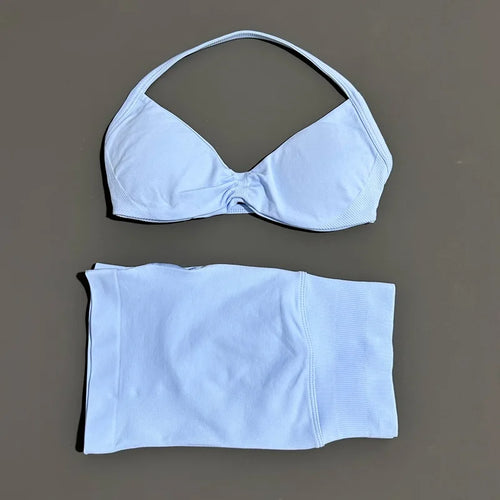 HISTELLO Gym Set 2 Piece Women Strappy Yoga Bra Top Workout Scrunch