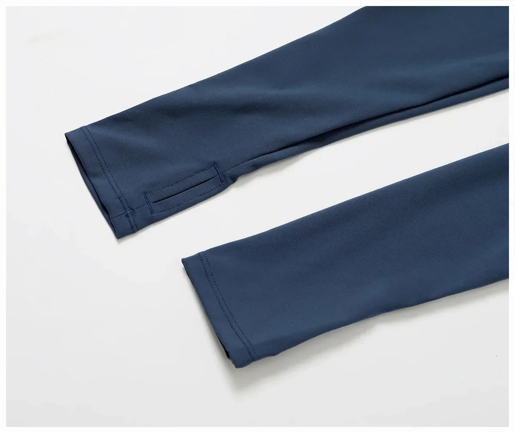 ALMASTRONG women's yoga set includes long-sleeved top, leggings, and sports bra for fitness and workout activities.