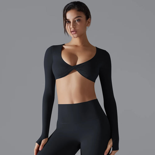 ALMASTRONG Women’s Cross Long Sleeve Sports Bra – Push-Up Yoga Crop Top