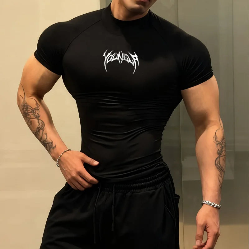 ALMASTRONG Men’s Gothic Compression T-Shirt – High-Neck Quick-Dry Training