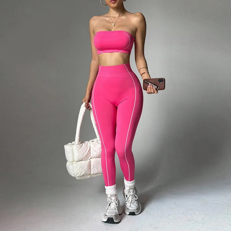 ALMASTRONG women's yoga wear set with color-blocking corset top and slim-fit peach-butt long pants, perfect for fitness and activewear.