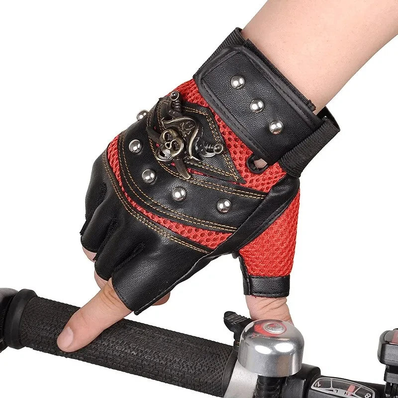 Pirate Captain PU Leather Fingerless Gloves Men Women Skulls Rivet