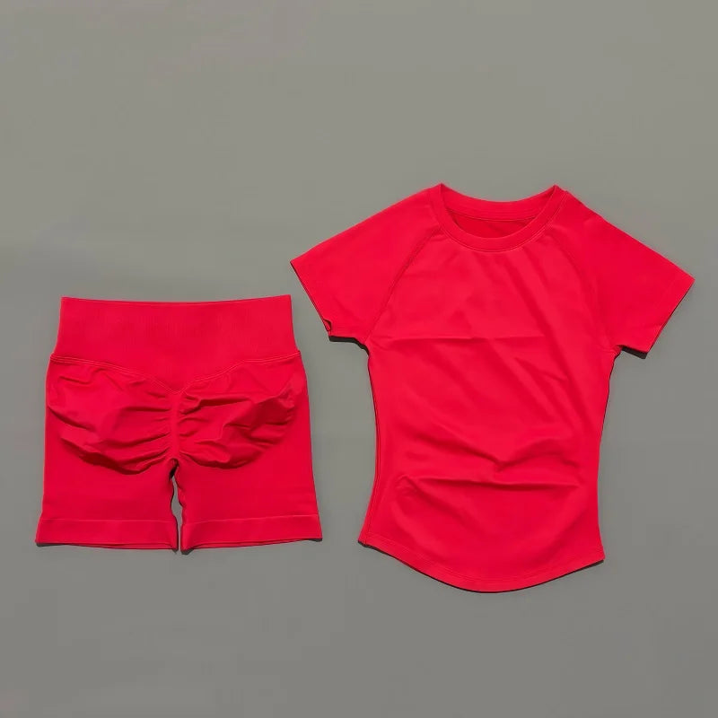 2 Pcs HISTELLO Impact Sports Sets Short Sleeve Seamless Yoga Top Fitness Set Women Workout Running Sports Shorts Gym Suit - ALMASTRONG