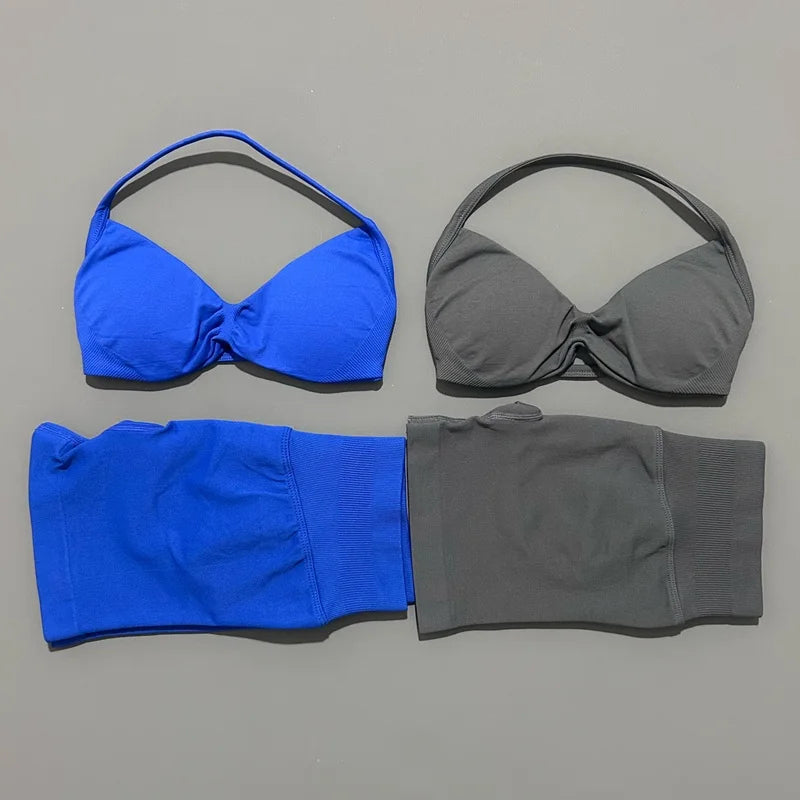 HISTELLO Gym Set 2 Piece Women Strappy Yoga Bra Top Workout Scrunch