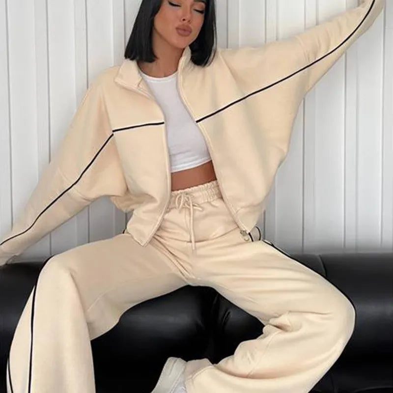 womens clothing 2 pieces set Casual Sports Suits Long Sleeved Half High Collar Cardigan Sweater Trouser Tracksuit Women Clothing - ALMASTRONG
